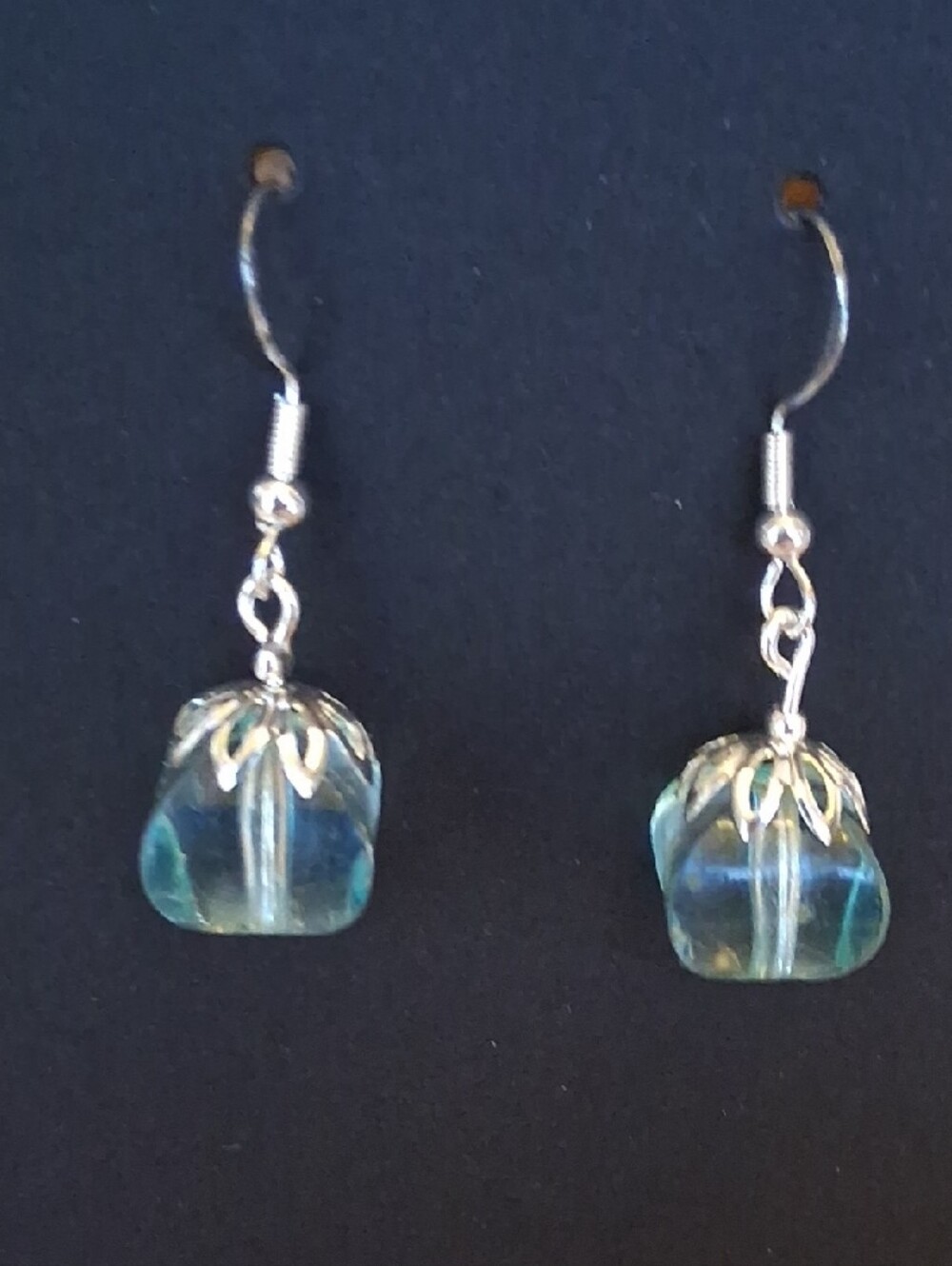 Hand Crafted With Silver Tone Glass Drop Dangle Earrings - Blue-Green
